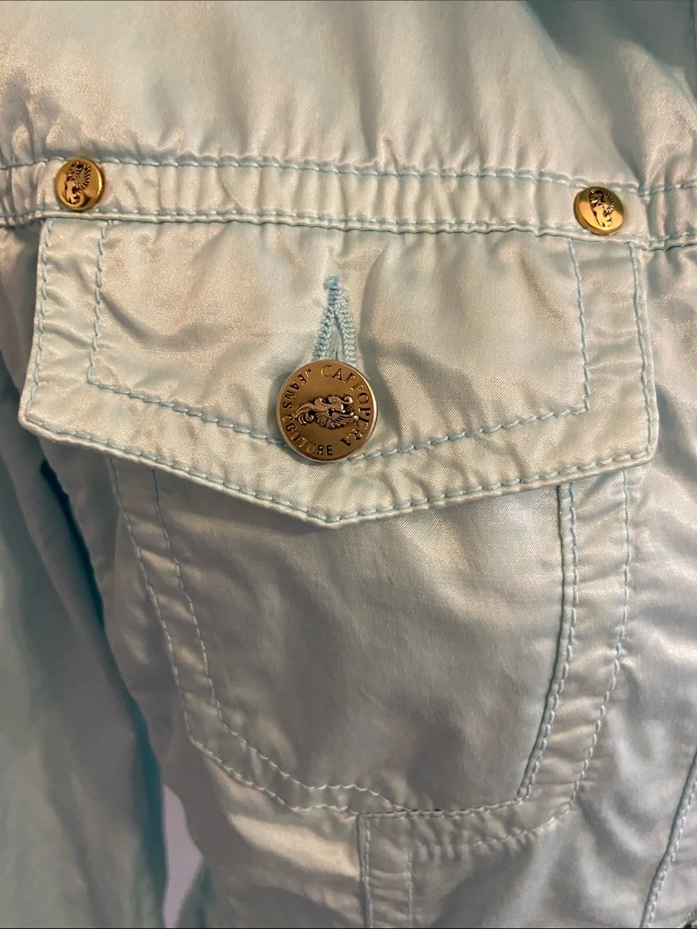 RARE Vintage Cappopera Light Blue Jean Jacket w Light Gold Metal Rivet Buttons. - Picture 3 of 16